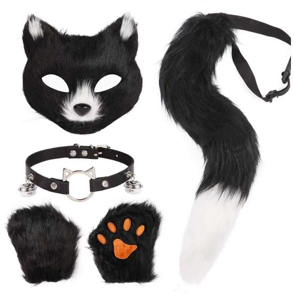 Faux Fur Therian Mask and Tail Set for Women Halloween Cosplay Cats Fox